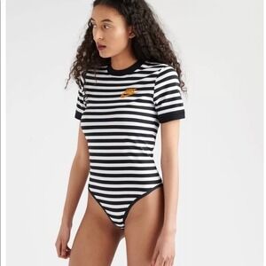 NWT Nike Women's Striped Tight Fit Bodysuit Black White Logo Size Small